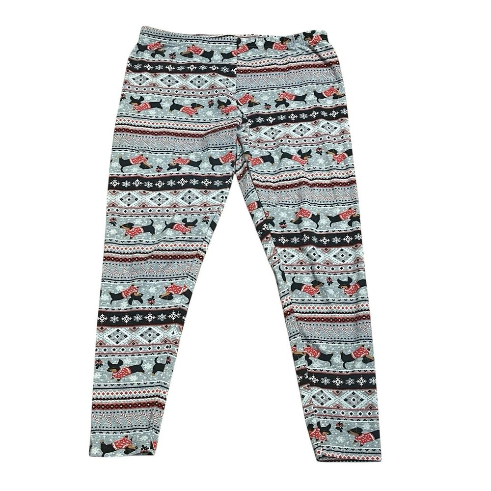 Time and Tru Womens Dachshund Christmas Fair Isle Leggings Gray Red Large 12/14